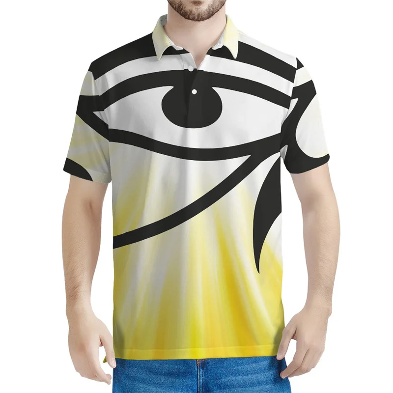 Egypt Horus Eye Polo Shirt For Men 3D Printed Egyptian Mythology Lapel Short Sleeves Casual Tops Loose Tees Button T-shirt