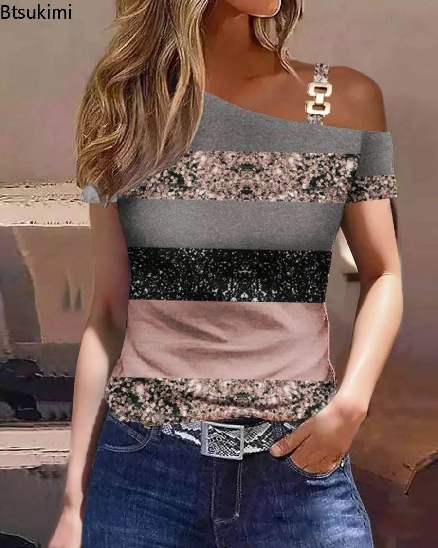 2024 Women Tops Summer Fashion Metal Buckle One Shoulder Short Sleeve T-shirts Color Block Printed Design Elegant Women T-shirts