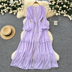 Vintage Long Lantern Sleeve Elegant V-neck Chic Hollow Out Lace Spliced Chiffon Dress French Evening High Street Autumn Clothing