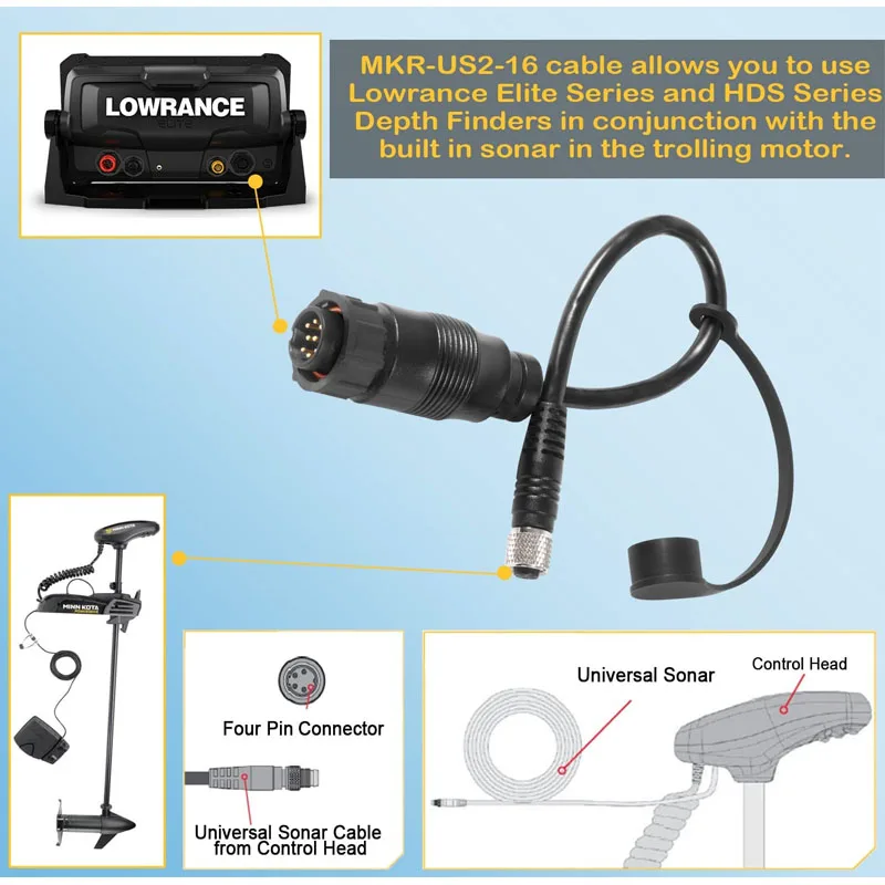 (Black)1852076 MKR-US2-16 Universal Sonar 2 Adapter Cable for Lowrance Elite Ti2 & HDS to Trolling Motor, 9-pin