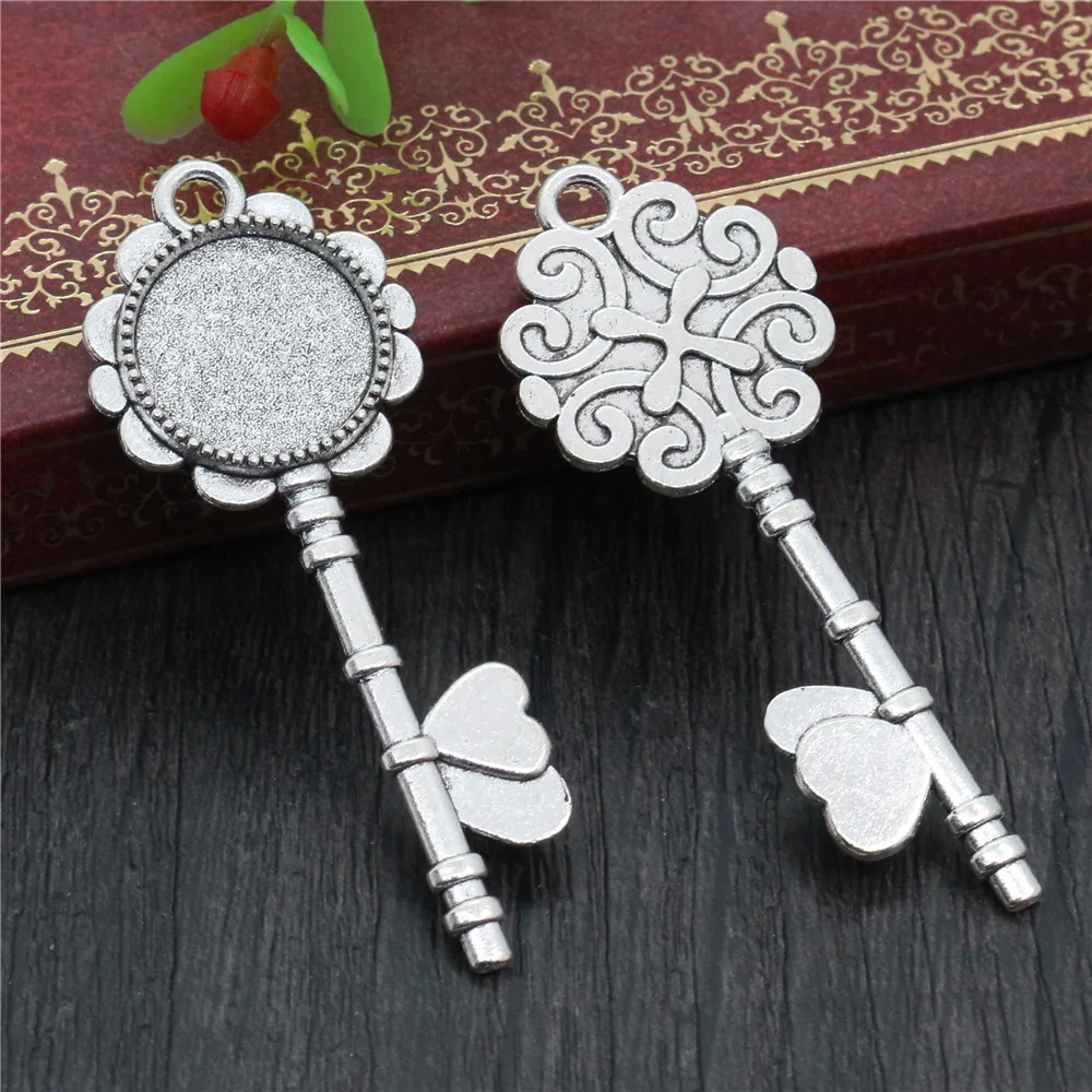10pcs 14mm Inner Size Antique Bronze And Silver Plated Key Style Cabochon Base Cameo Setting Charms Pendant
