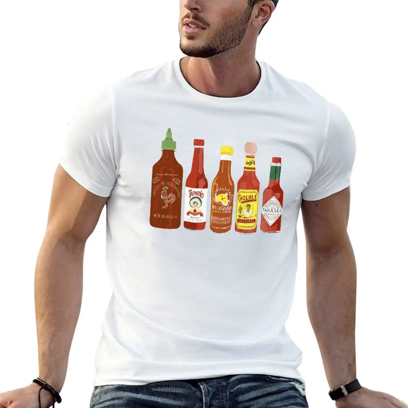 Spicy! Check out these hot sauces on tomato red background T-Shirt Modern Print Casual T-Shirt