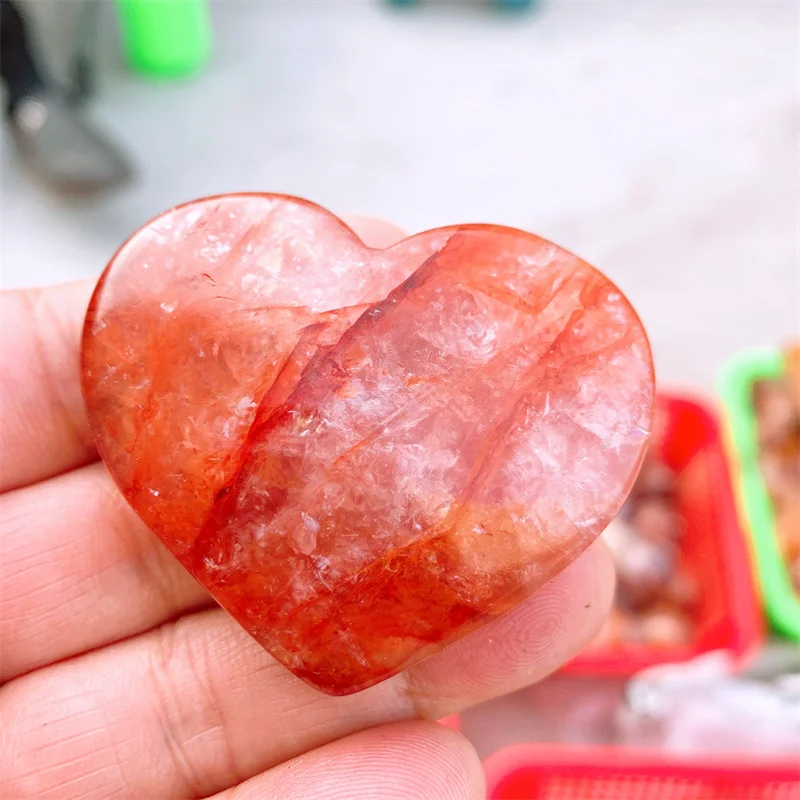 Natural Red Fire Quartz Crystal Healing Gemstone Crafts for Girl, Hematoid, Peach Heart, Birthday Decorations, 4.5cm x 5cm