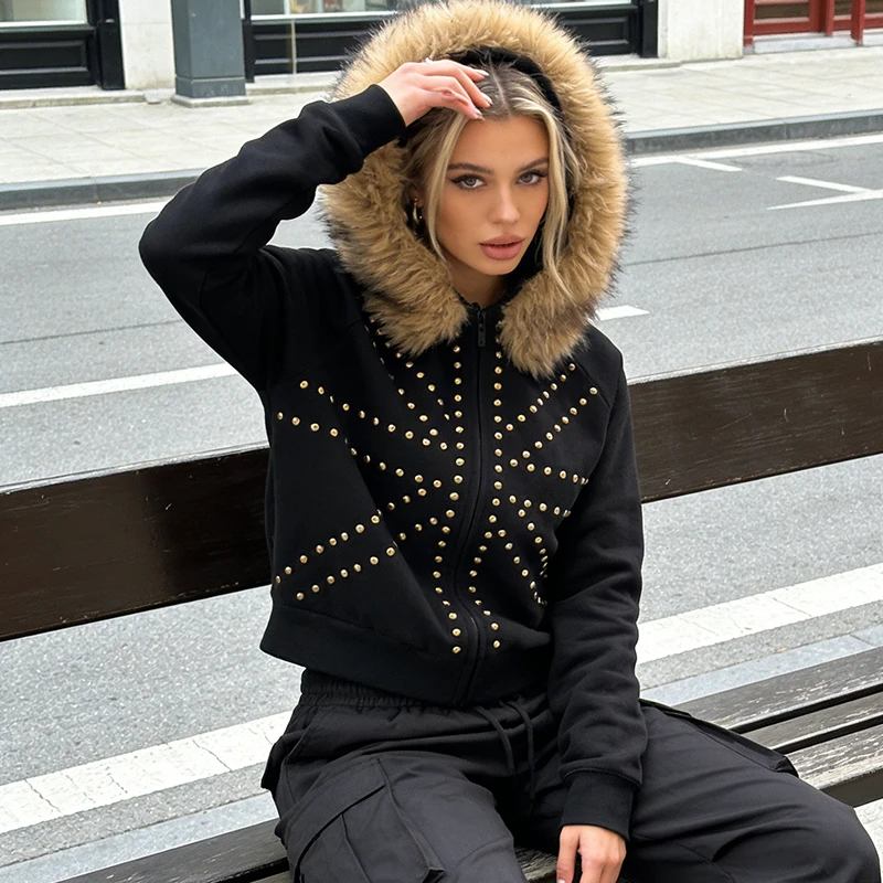 

American High Street Slim Gothic Fashion Decoration Slim Coat Plush Collar Long Sleeve Hoodie Hip Hop Women Casual Fashion Tops