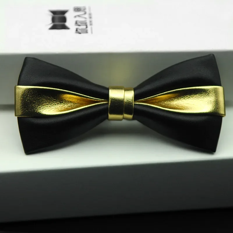 Exclusive Designer Fashionable Gold  Pu Leather Pointed Luxury Bow Tie Bright Nightclub Bowtie Gifts for Men Accessories