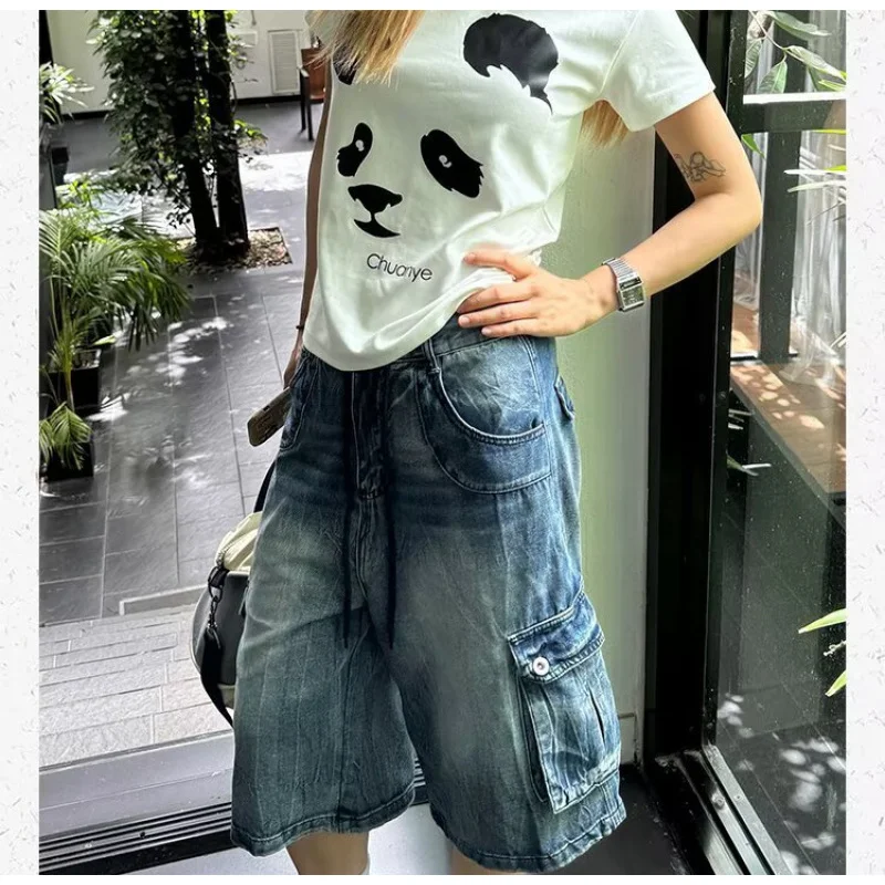 QICHE Women Vintage Distressed Multi‑Pocket Denim Capris American High Street Loose Wide Leg Summer Trousers