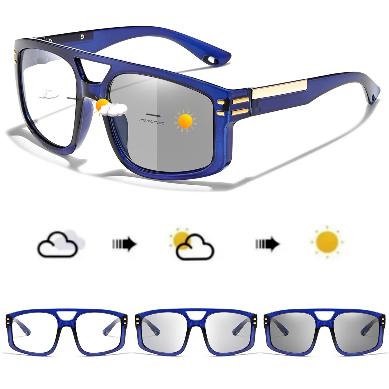 Lässige photochrome Sonnenbrille mit Etui für Damen und Herren, Outdoor-Sport, Radfahren, Angeln, Fahren, Golf, Strand, quadratische Schutzbrille – Detail 3
