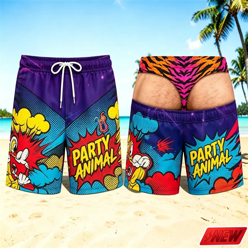 Men Novelty Fun Beach Shorts Party Animal Pop Art Pattern Fake Tiger Stripe Bikini Waist Swimwear