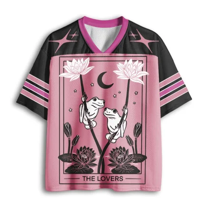 The Lovers Tarot Frog Graphic Mesh V Neck T-shirt Men Lotus Moon Print Summer Streetwear Tee