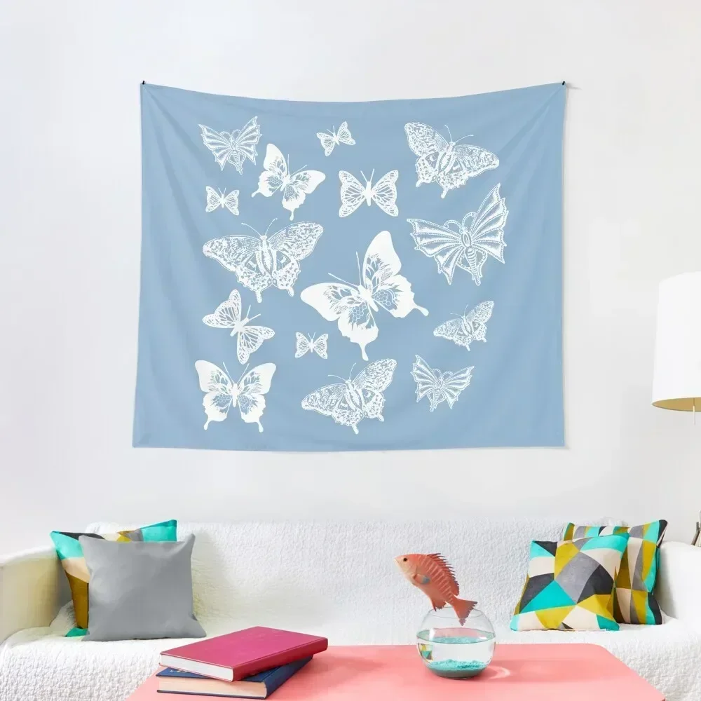 

White Butterflies on Smoky Blue Grey Background Tapestry Decoration Bedroom Home Decorating Carpet On The Wall Tapestry