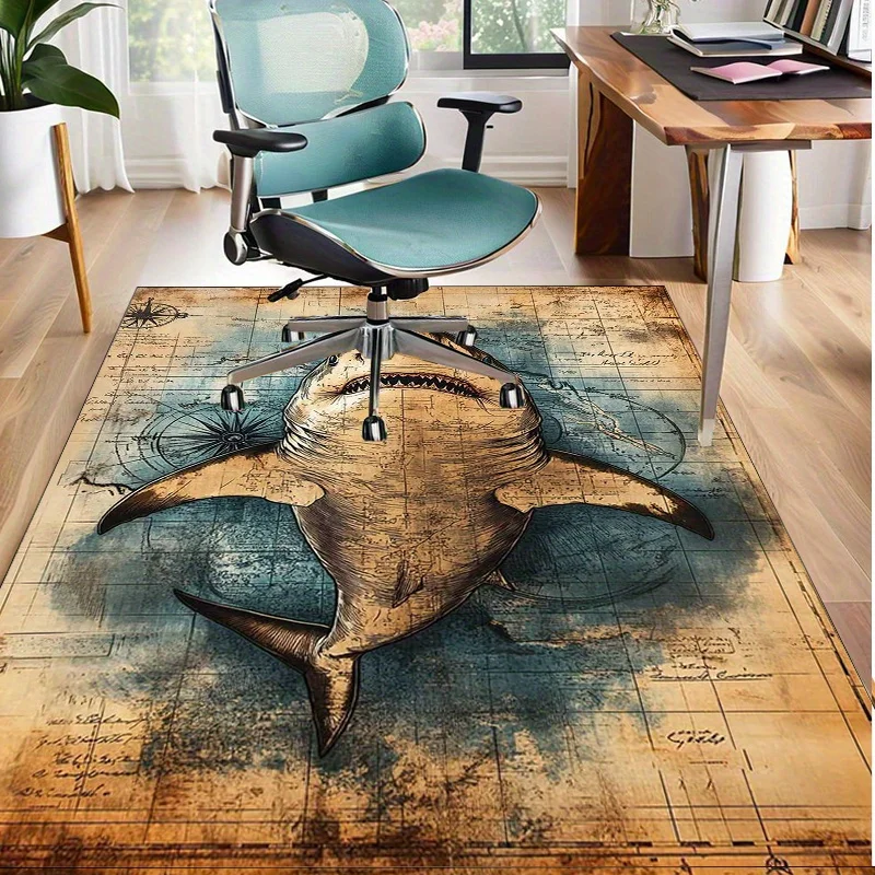 Vintage Shark Map Rug for Adventure SeekersOcean Themed CarpetsNautical Living Room Decor Anti slip carpet can be machine washed