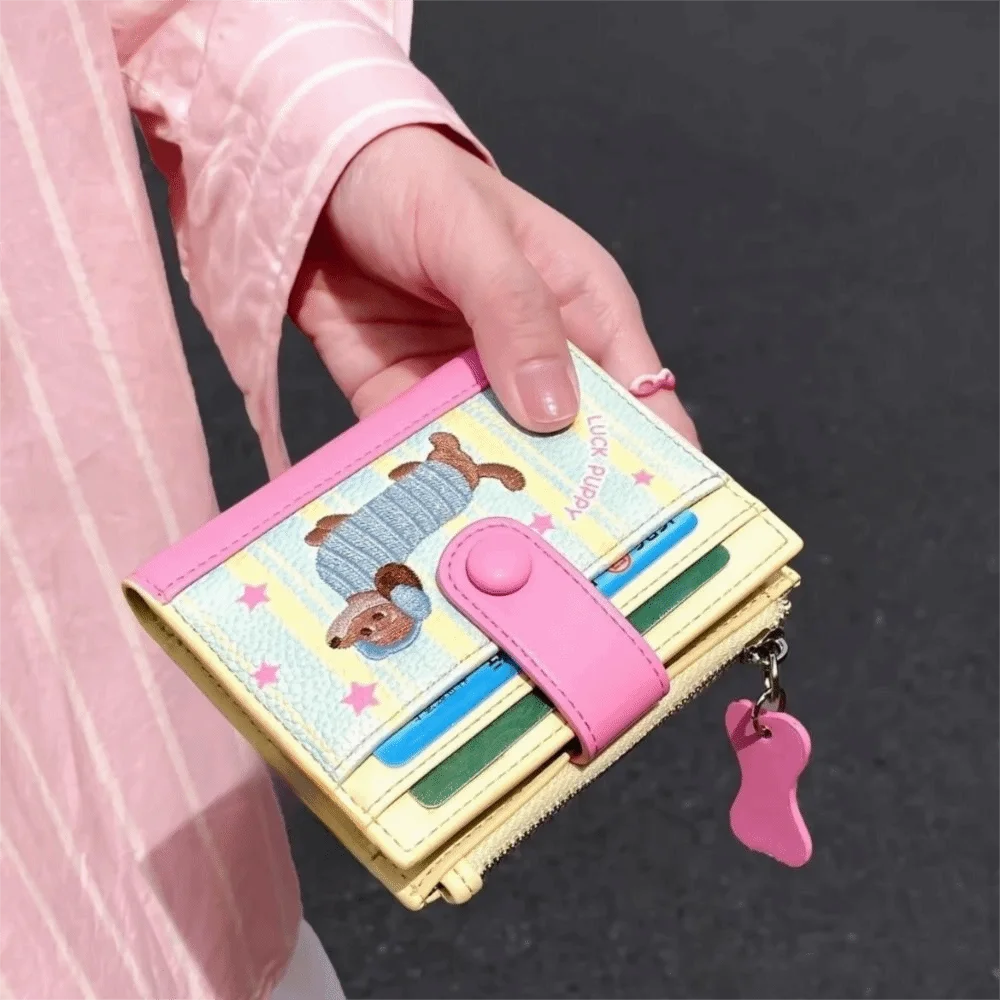 Sweet Dopamine Color Dachshund Embroidery Coin Purse Zipper Card Bag Cartoon Pu Wallet Pouch Ins Small Item Bag Travel