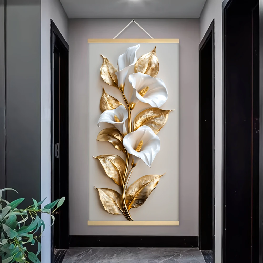 2D Flat, 1psc Modern Minimalist Wood Scroll Canvas Painting Poster Prints with White Calla Lily-like Flowers & Golden Leaves