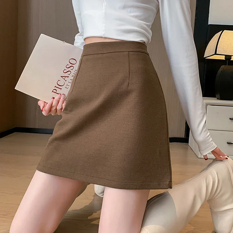 Autumn Winter Anti-Exposure Woolen Mini Skirt Women Korean College Style Short Skirts New Thicken Warm High Waist A-Line Skirt