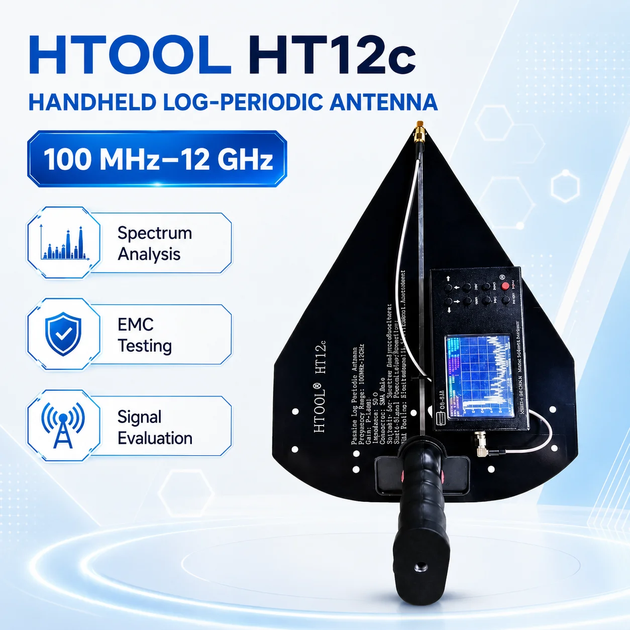 HTOOL HT12 Handheld Passive Log Periodic Antenna, 100 MHz to 12 GHz Wideband Transmit and Receive, 7 to 12 dBi Gain, 50 Ohm