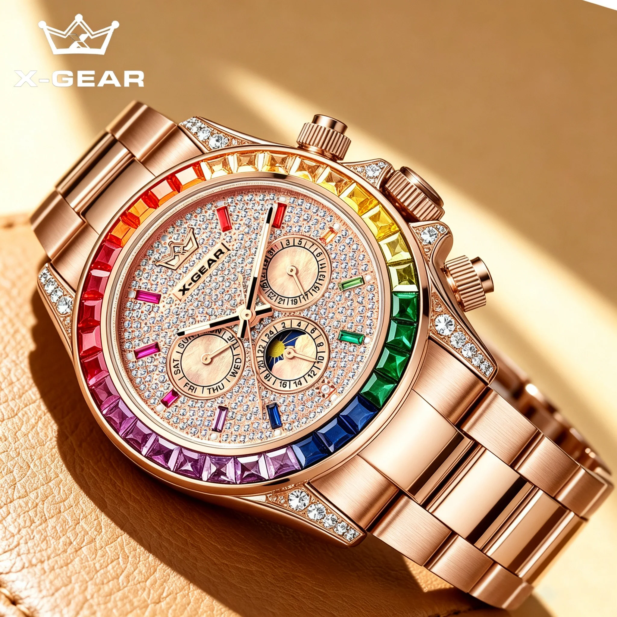 X-GEAR Herren Business Luxus-Armbanduhr Automatik-Mechanik mit Diamantzifferblatt Leuchtende Mondphase Wasserdicht Geschenk