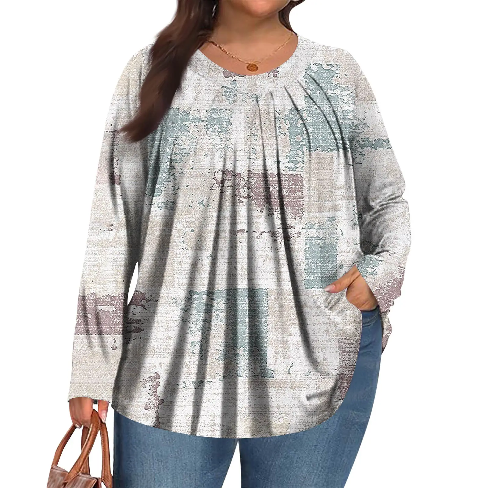 Plus Größe Langarm Top für Frauen Mode Retro Floral Print Plissee Rundhals T-shirt Weibliche Casual Herbst Basis Shirt