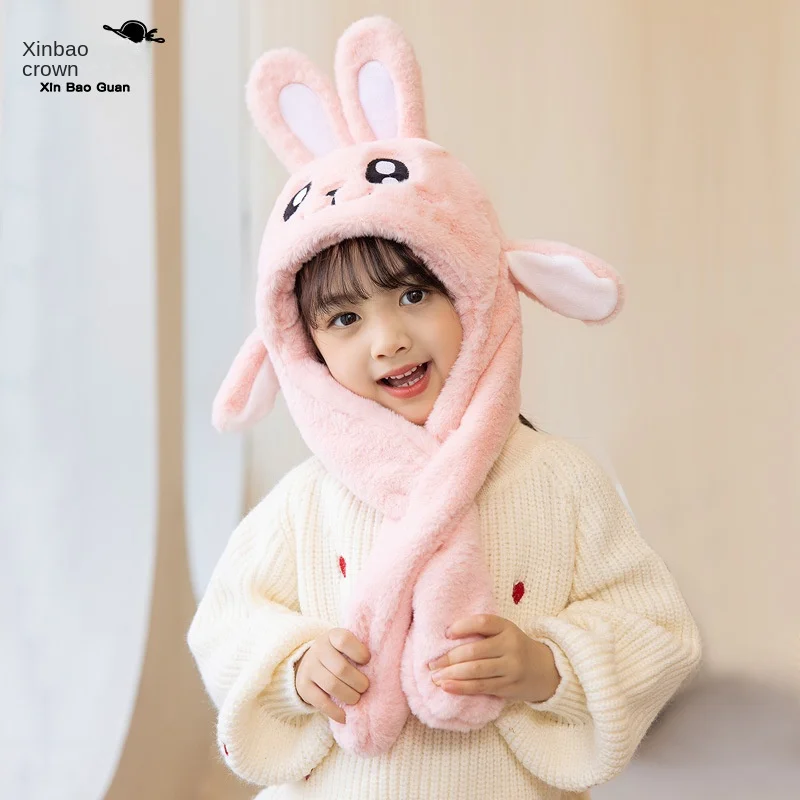 4-12Years Old Girls Ear Moving Jumping Hats Warm Plush Rabbit Winter Caps Cute Bunny Fuzzy for Children Bonnets Snow Outdoor