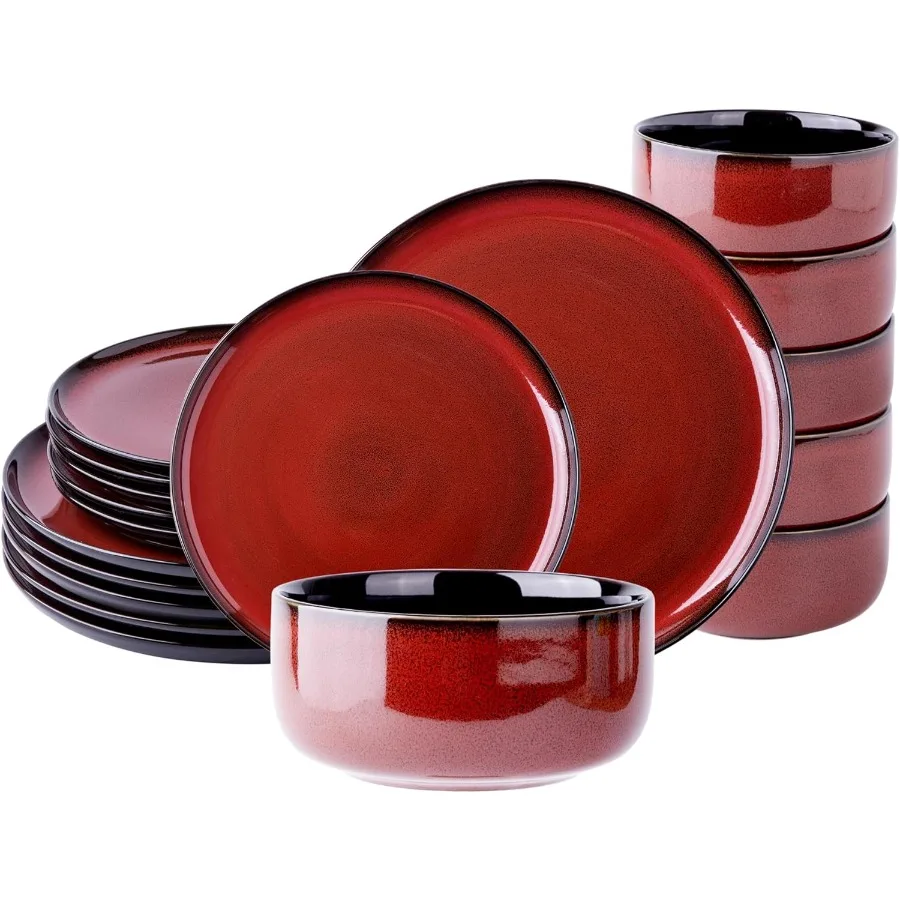 Ceramic Dinnerware Sets for 6 Including Porcelain Plates and Bowls Handmade Reactive Glaze Dishes Set with Chip Resistant and S