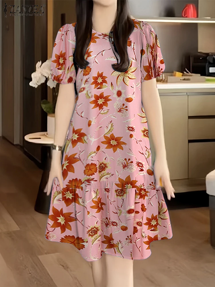 ZANZEA Femme ourlet à volants Robes florales 2025 été manches courtes bouffantes col rond Robes décontractées Femme vacances a-ligne Robes