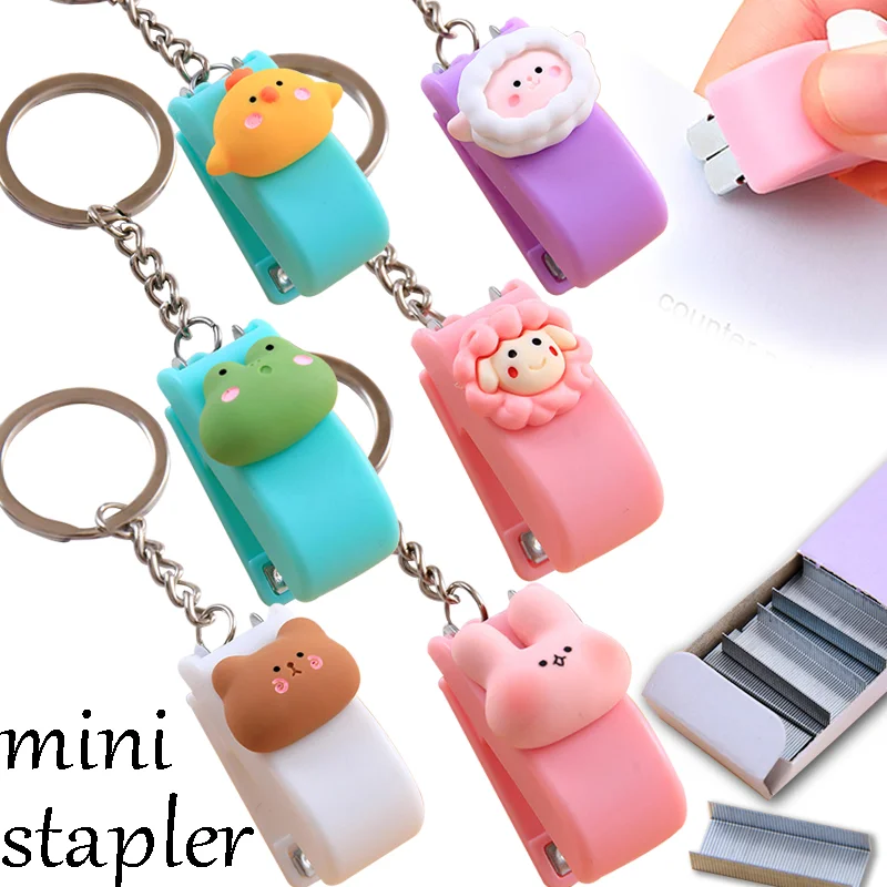 Portable Mini Stapler Key Chain Cute Cartoon Animal Keychains Pendant Color Japanese Office Document Binding Stapler Key Pendant