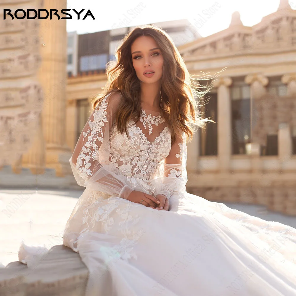 RODRSYA Elegante Mangas Longas Puff Vestido de Casamento 2024 Applique Scoop Neck VeRODDRSYA Elegante Longo Sopro Mangas Weddng Vestido 2024 Applique Scoop Pescoço Vestidos De Noiva Lace A-Line Ilusão Vestidos De Novia