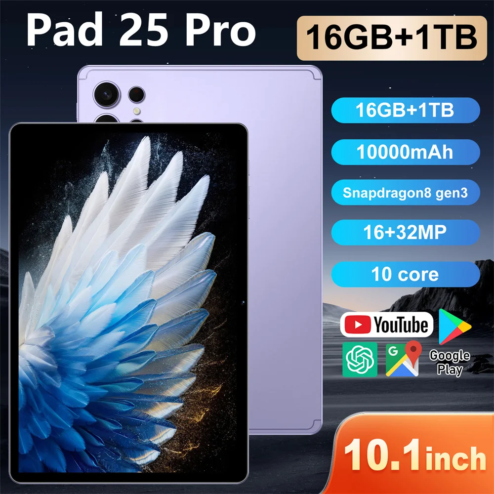 

2026 Pad 25 Pro Планшет 10,1 дюйма 10000 мАч 5G Dual SIM 22 ГБ + 2 ТБ Планшеты Snapdragon 8 Gen3 Android WIFI ПК для детей Вкладка