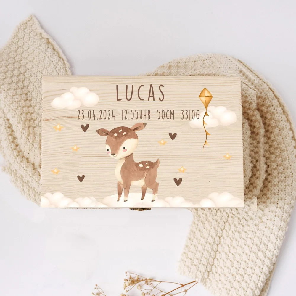 Boîte à mémoire de bébé avec nom personnalisé, boîtes à mémoire d'animaux arc-en-ciel imprimés en bois, étui à souvenirs pour enfants, cadeau d'anniversaire pour fête d'anniversaire pour enfant