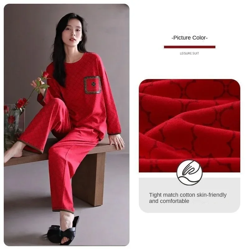 Pajamas Ms. Pure Cotton Spring and Autumn Round Neck Pullover Can Be Worn Outside Loungewear Spring and Autumn Two-piece Suit