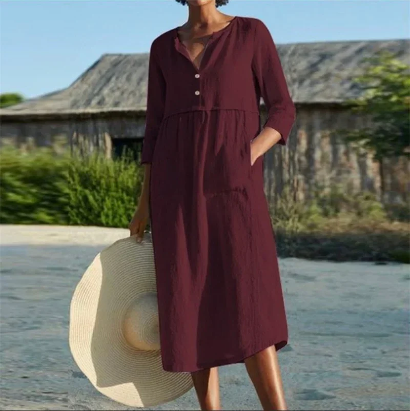 

Women Single-breasted Half-open O Neck Dresses High Waist Double Pockets Half Sleeve Dress Female Loose Cotton Linen Casual Gown