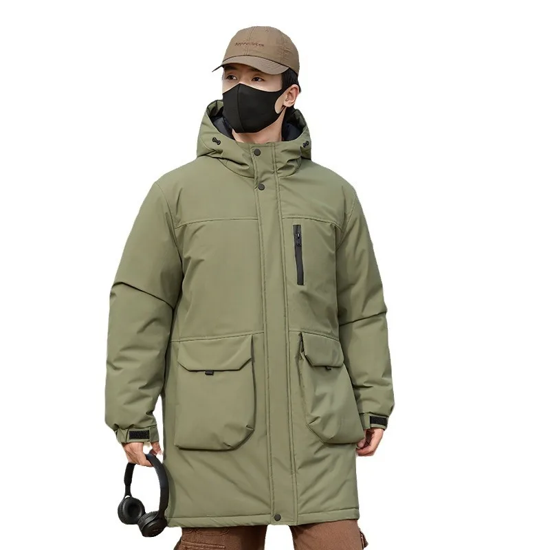 Man Cargo Coat Winter Thicken Simple Solid Color Male Down Jacket Mid Length Long Sleeve Pocket Outdoor Hooded Men Outerwear