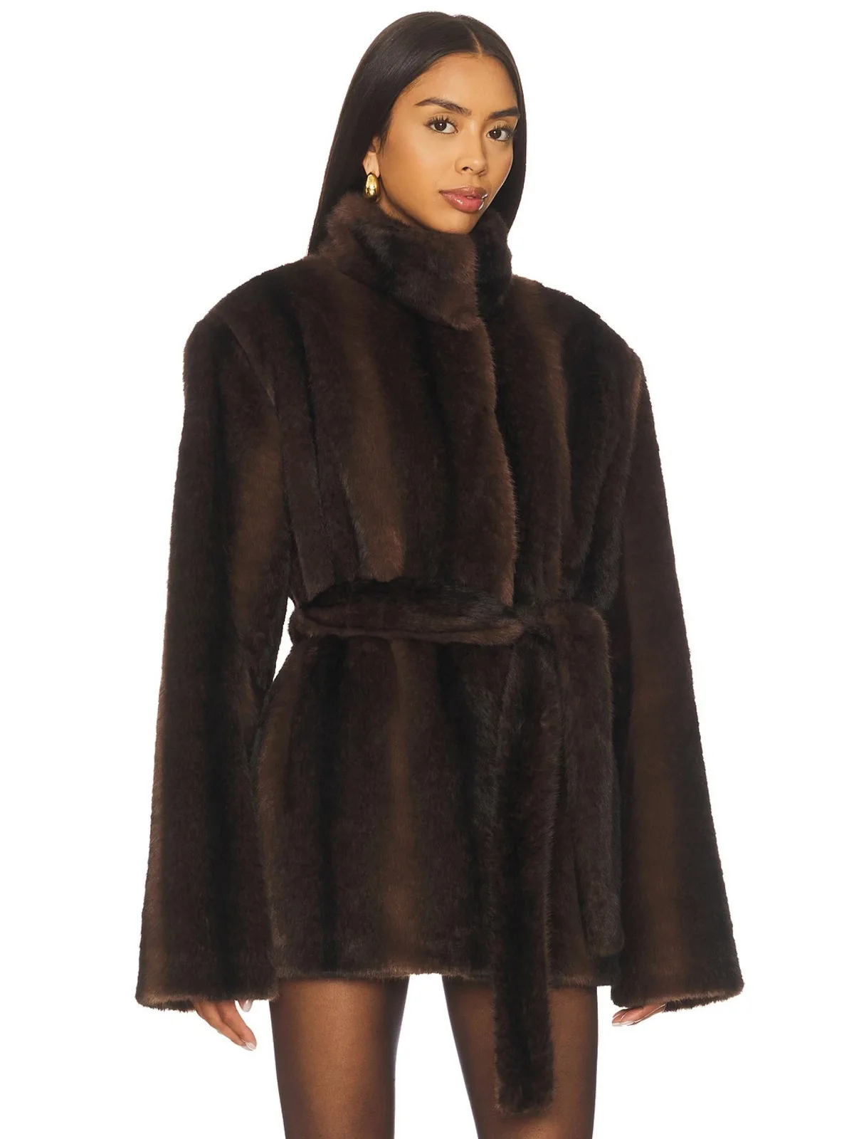 DFDG Women 2026 Stand Collar Belted Faux Fur Mid Length Jacket Self Tie Waist Oversized Warm Winter Luxury Elegant Outerwear Fur