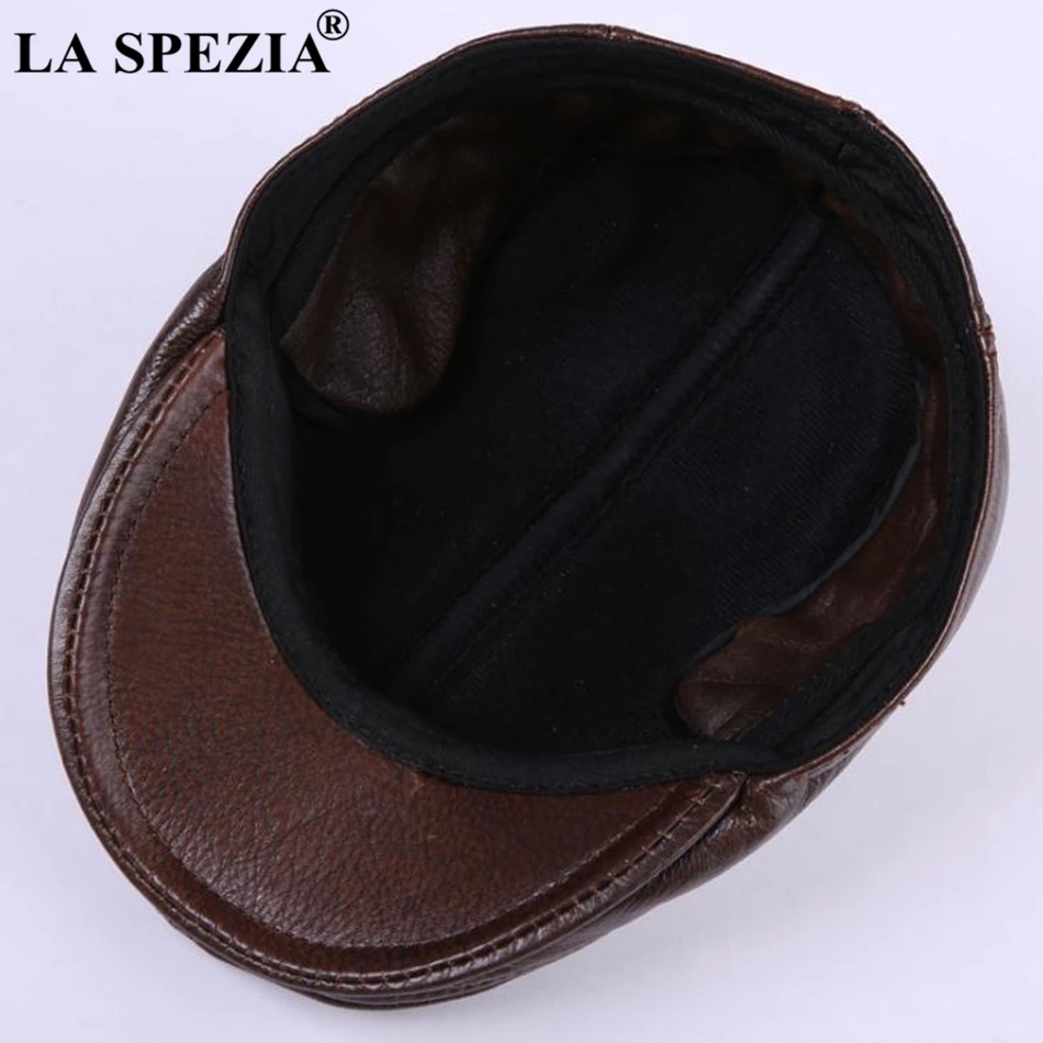 LA SPEZIA Classic Beret Caps Men Warm Genuine Leather Caps Ivy Windproof Duckbill Hat Burgundy Winter Luxury Brand Flat Hats