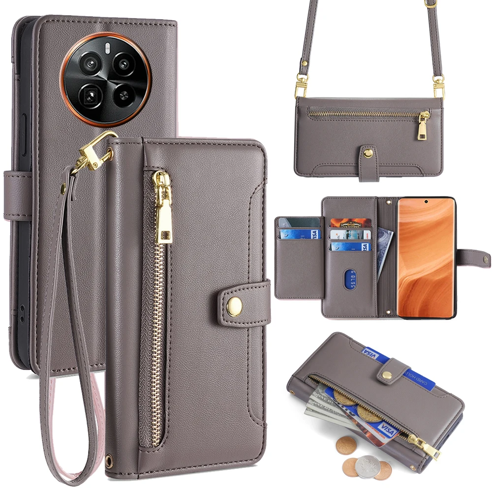 Card Slots Crossbody Phone Case for Realme 12 11 Pro Plus 5G 11X C67 GT5 Pro Narzo 60X Zipper Wallet Flip Case with Lanyard