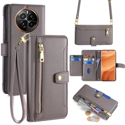 Card Slots Crossbody Phone Case for Realme 12 11 Pro Plus 5G 11X C67 realme Narzo 60X Zipper Wallet Flip Case with Lanyard