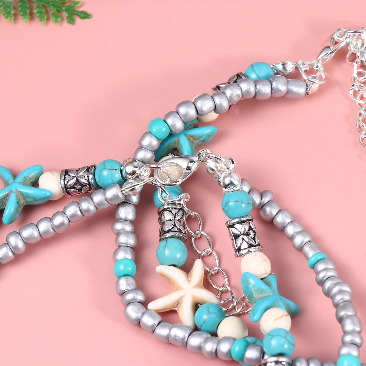 

2 Pcs Beach Anklets Double Layer Sea ​​turtle Foot Chain Hawaii Fake Pearl Woman