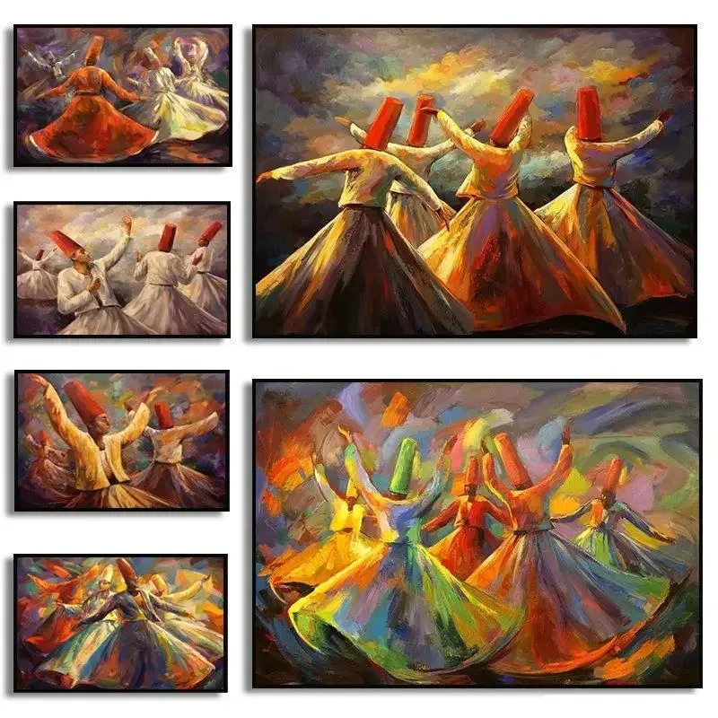 (No frame)Pintura al óleo Sufi Whirling Dervish, impresión en lienzo, carteles musulmanes islámicos, imágenes artísticas de p