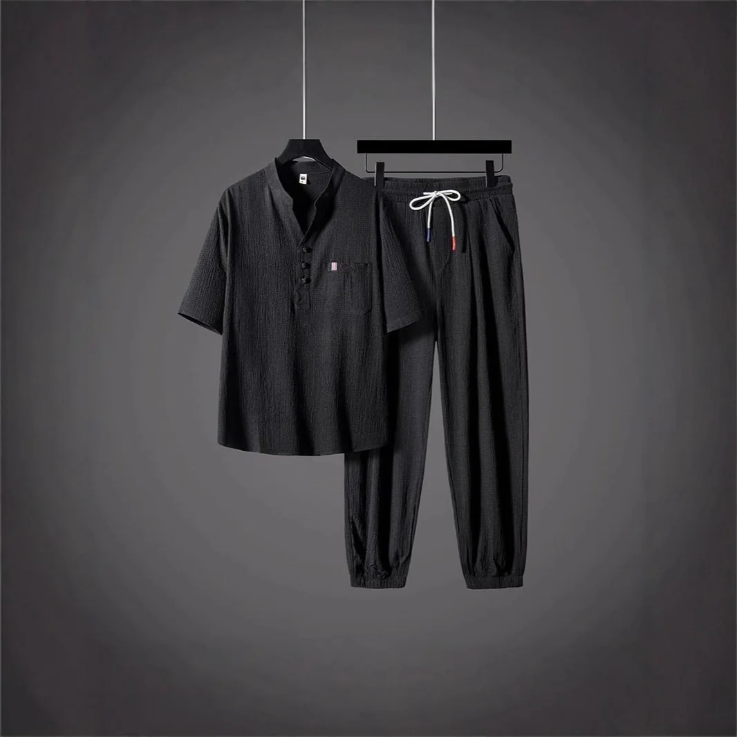 

Мужская футболка свободного кроя из ледяного шелка, летний тонкий костюм Тан большого размера, комплект из двух предметов, удобный дышащий комплект