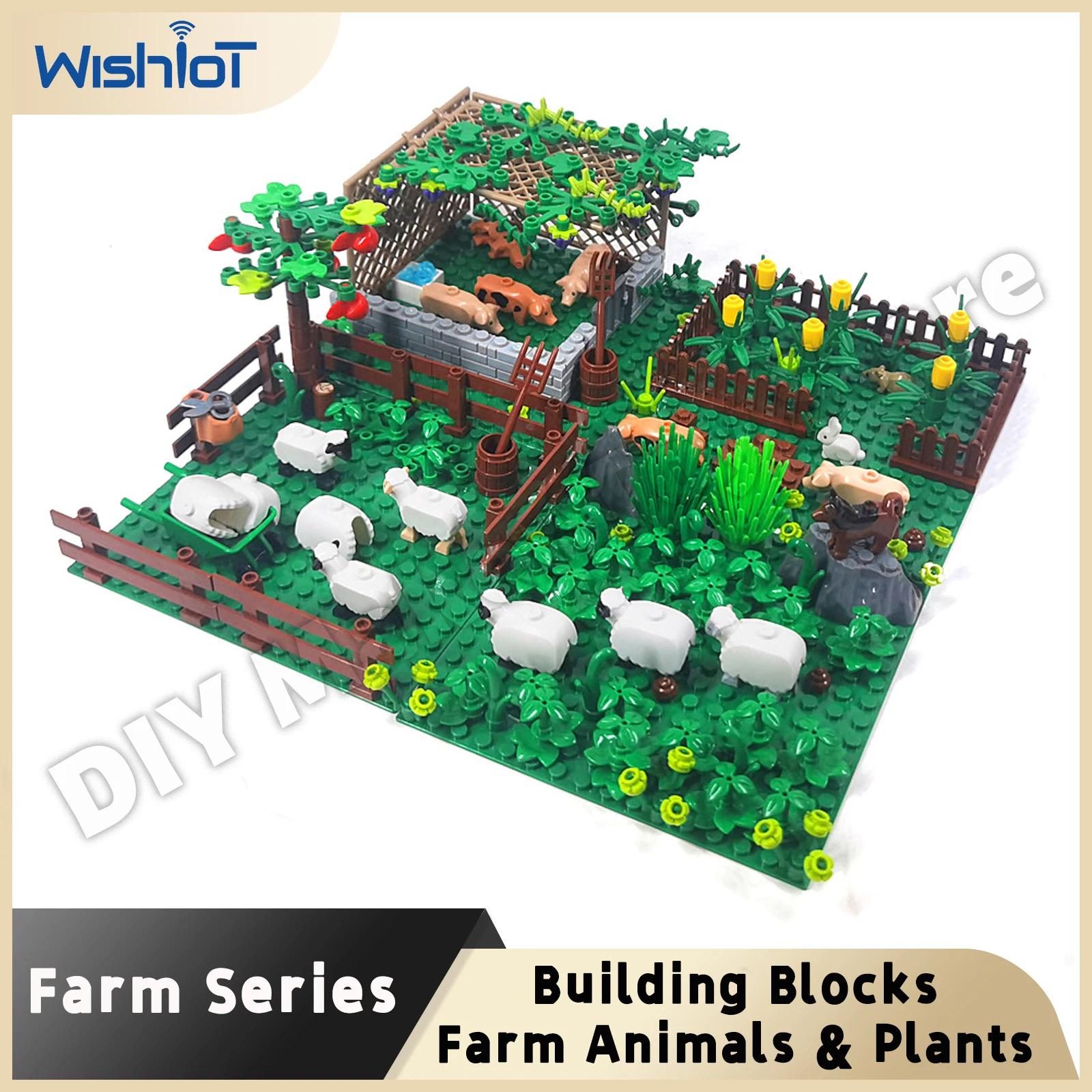 

MOC Farm Scene Pasture Grassland Sheep Cornfield Building Blocks Pigsty Fence Animals Plants Model Boys Girls DIY Toys Gifts