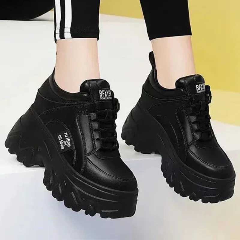 Women Chunky Wedges Vulcanized Shoes Korean Style Lace-up Round Toe Trainers Casual Comfortable Sneakers Sapatos Feminino