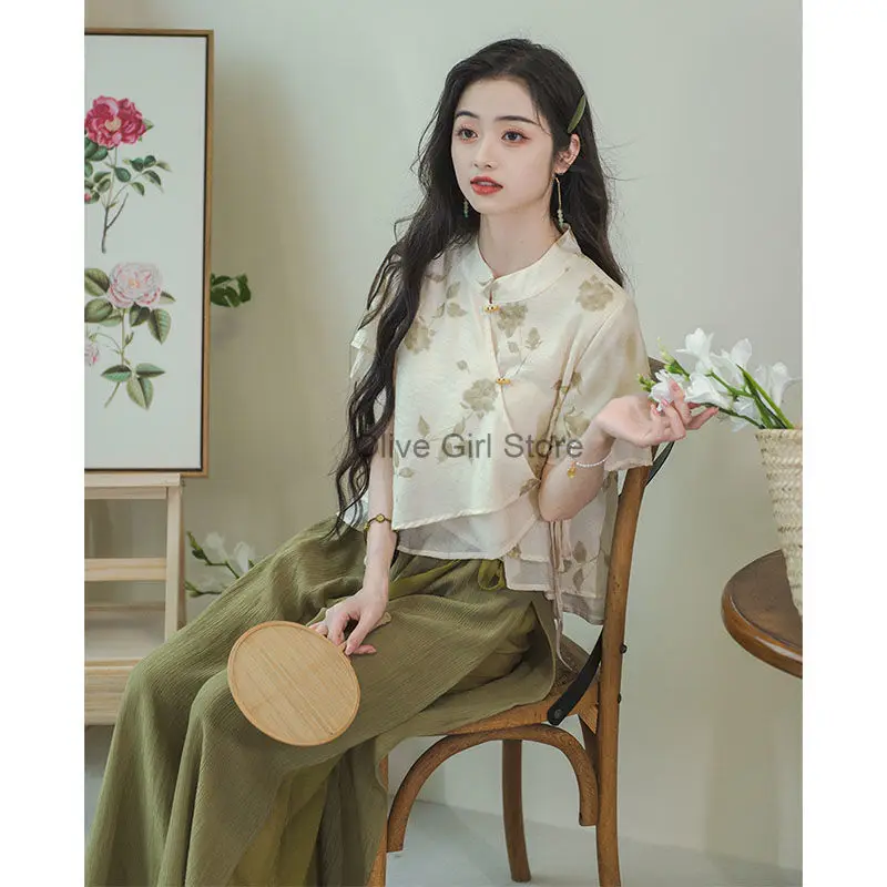 Chinese Clothes for Women Retro Set Summer Fresh Fairy Button Top Short Sleeve Casual Pants Suit Green Elegant Artistic