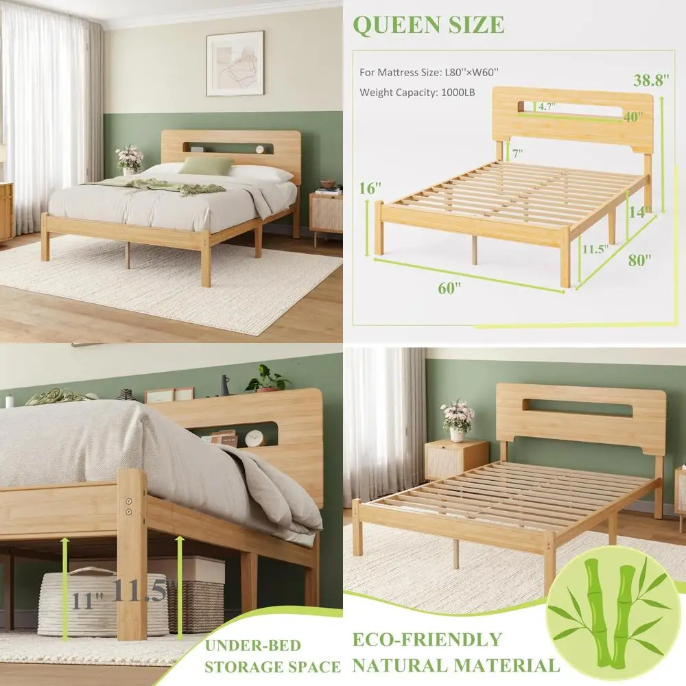 

Queen Size Bamboo Bed Frame with Storage Headboard and 14 Inch Platform, No Box Spring Needed, Reinforced with Steel