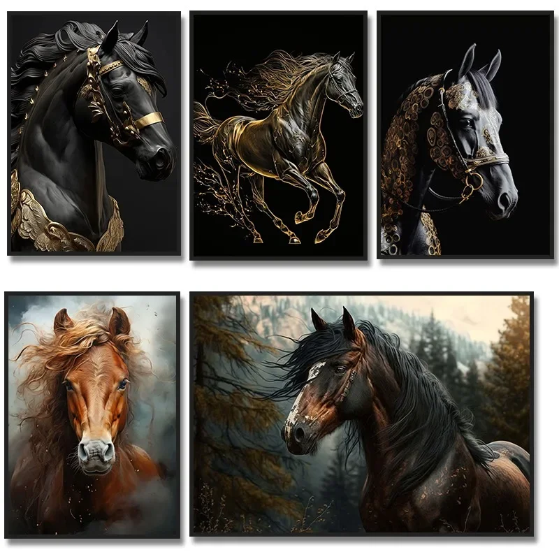 Modern Black and Gold Horse Posters and Print Picture Animal Canvas Wall Art Painting for Living Room Office Home Decor Cuadros