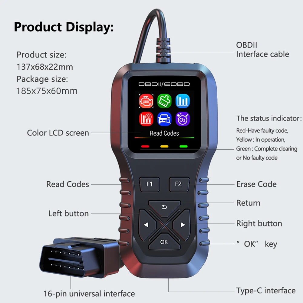 

Car Diagnostic Tool With Read Codes Erase Codes Data Stream Color screen display 12 languages O2 Sensor Test K1 DTC Lookup