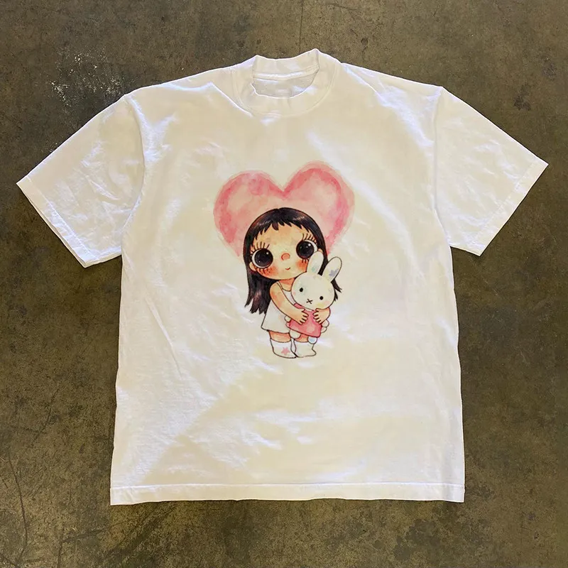 Pure Cotton Double Thread Loose Fit Short Sleeve T-Shirt Unisex Breathable Comfortable American Retro Style for Couples