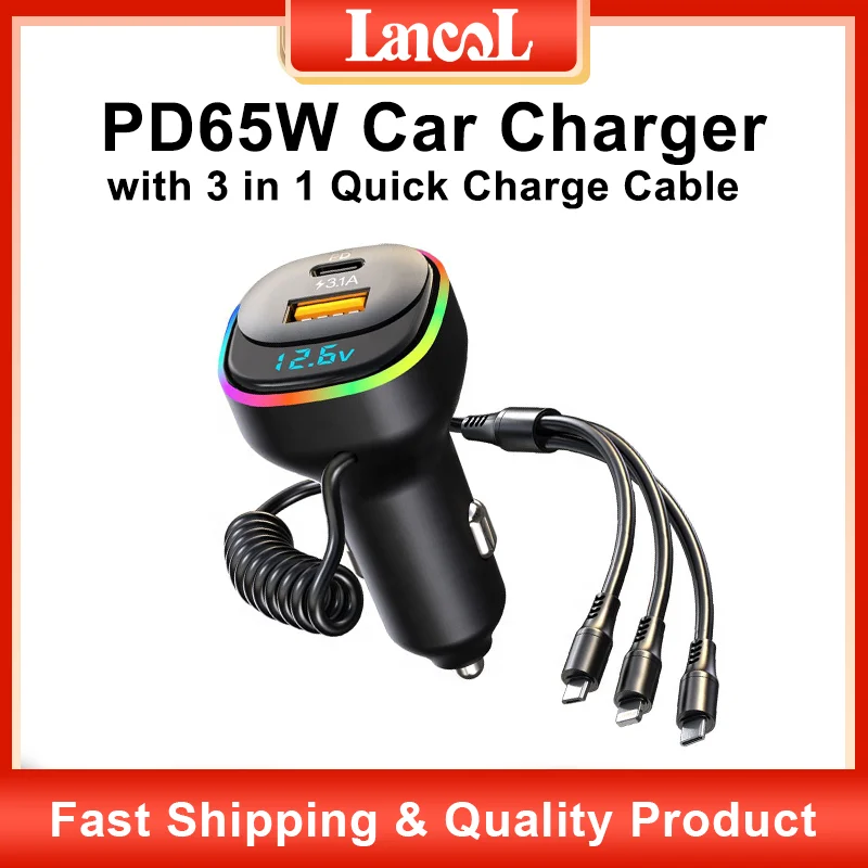 

K2 Car Charger With Cable PD 65W Fast Charge 3 In 1 1.2 Meter Charging Cable USB-C Huawei Apple Android Quick Charge