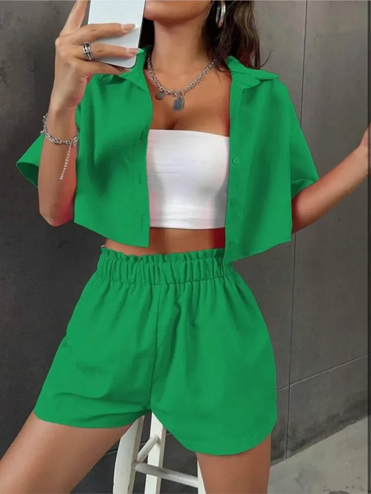 

Летние комплекты из двух предметов для женщин, хлопковая короткая рубашка на пуговицах с короткими рукавами + шорты, повседневные милые стильные костюмы, однотонный комплект из 2 предметов