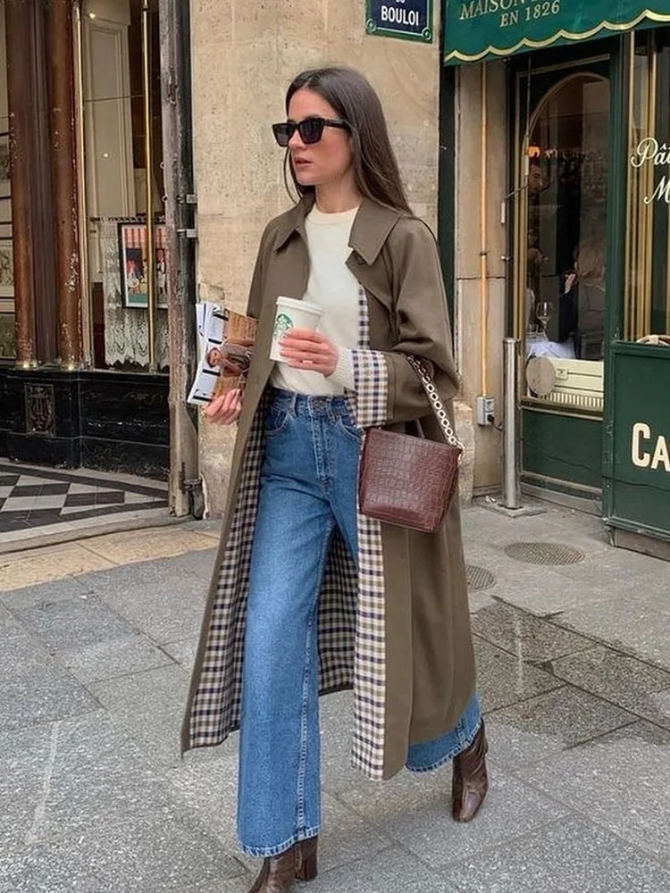 Elegant Plaid Lapel Long Windbreaker Women Fashion Single Breasted Loose Trench Coat 2024 Autumn High Street Lady Outwear Jacket