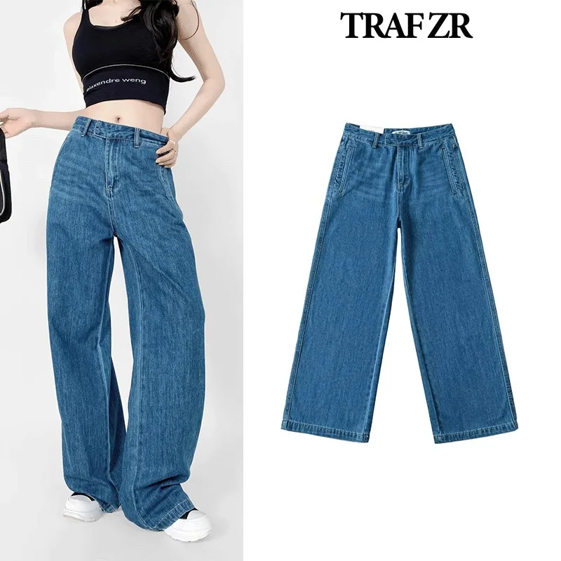 TRAF ZR Baggy Pants for Women Distressed Newjeans Solid Wide Denim Trousers Women Vintage Trousers Basics Low Waisted Pants