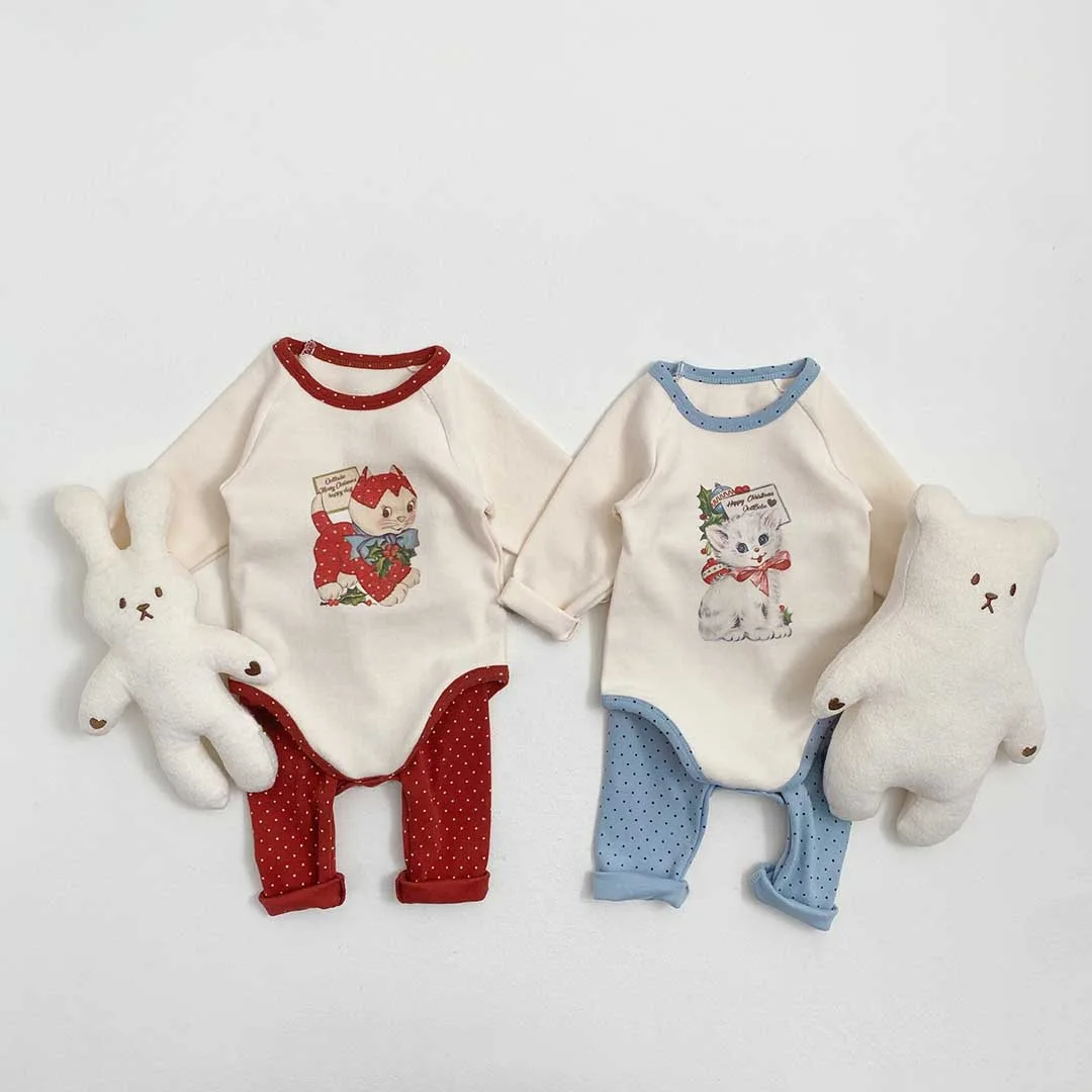 

2-Pack Baby Cotton Bodysuit Set Christmas Cat Print Korean Style Infant Romper Creeper Outfit for Newborn Boy Girls 0-24 Months